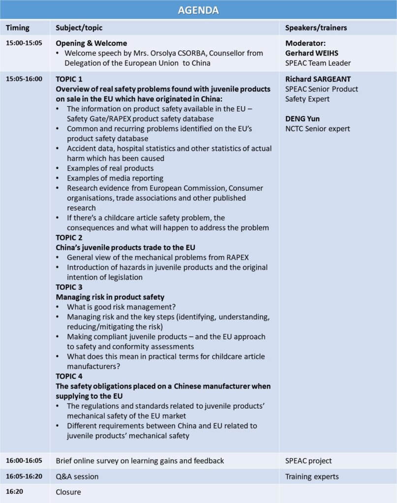 Invitation To Speac Online Training On “Avoiding Safety Risks Of Juvenile Products Exported To The Eu” On 27 May 2021 – Speac